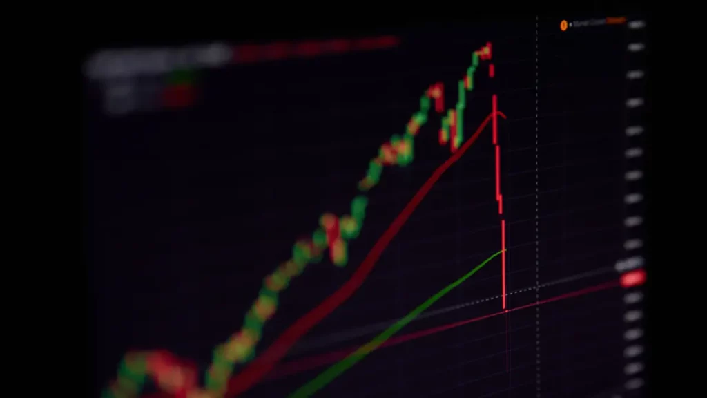 Een Afbeelding Van Een Flash Crash Van Een Aandeel Of Crypto Koers Met Een Harde Rode Lijn Direct Na.webp